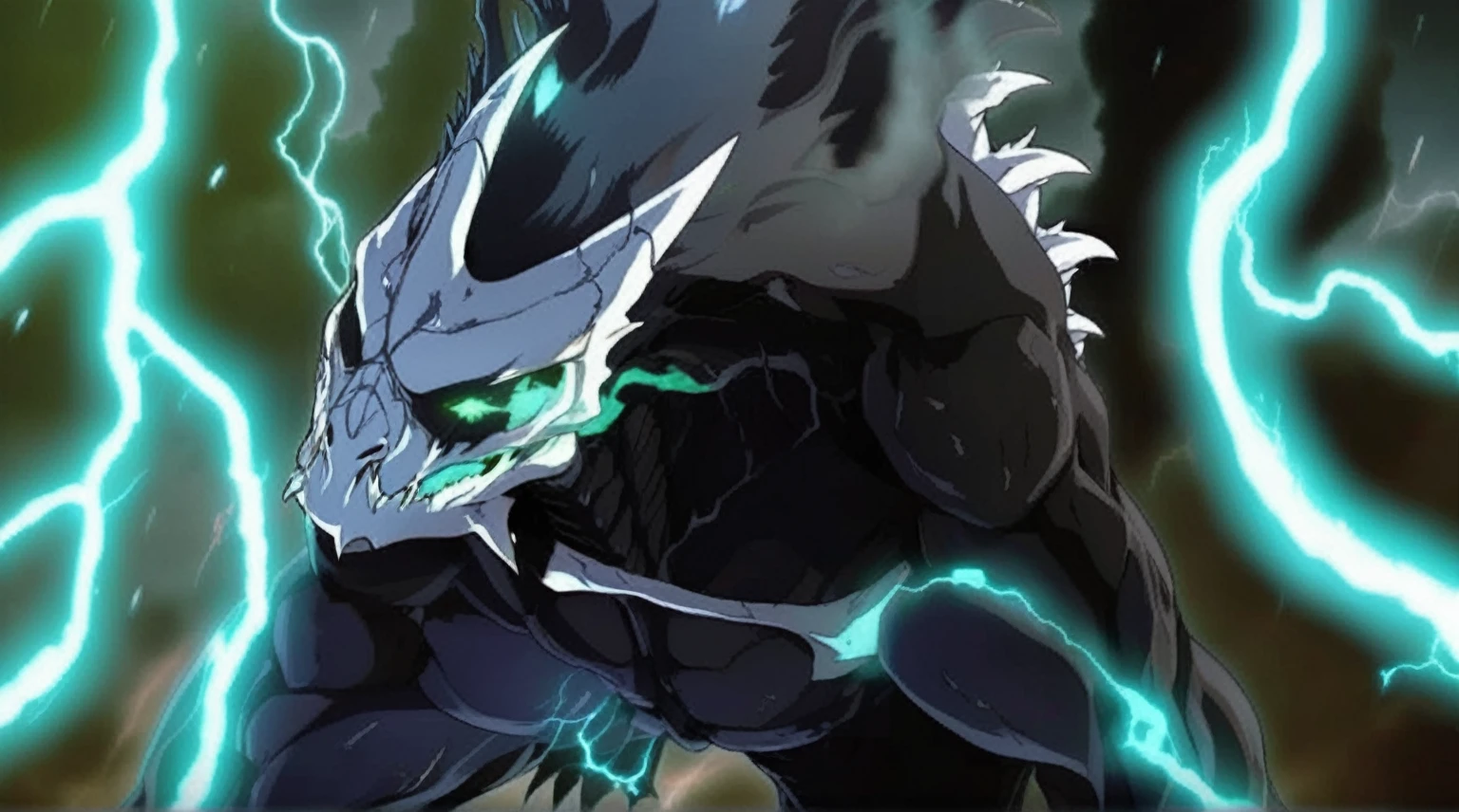 anime character with glowing eyes and horned head in a lightning storm, This character has cryokinesis, poisonous, venom symbiote, from cryptid academia, transforming into its final form, symbiote, cyborg dragon portrait, venom fangs, From the Supreme Lord, from the Pacific Rim, cyborg vegetable dragon, an epic anime of an energetic man