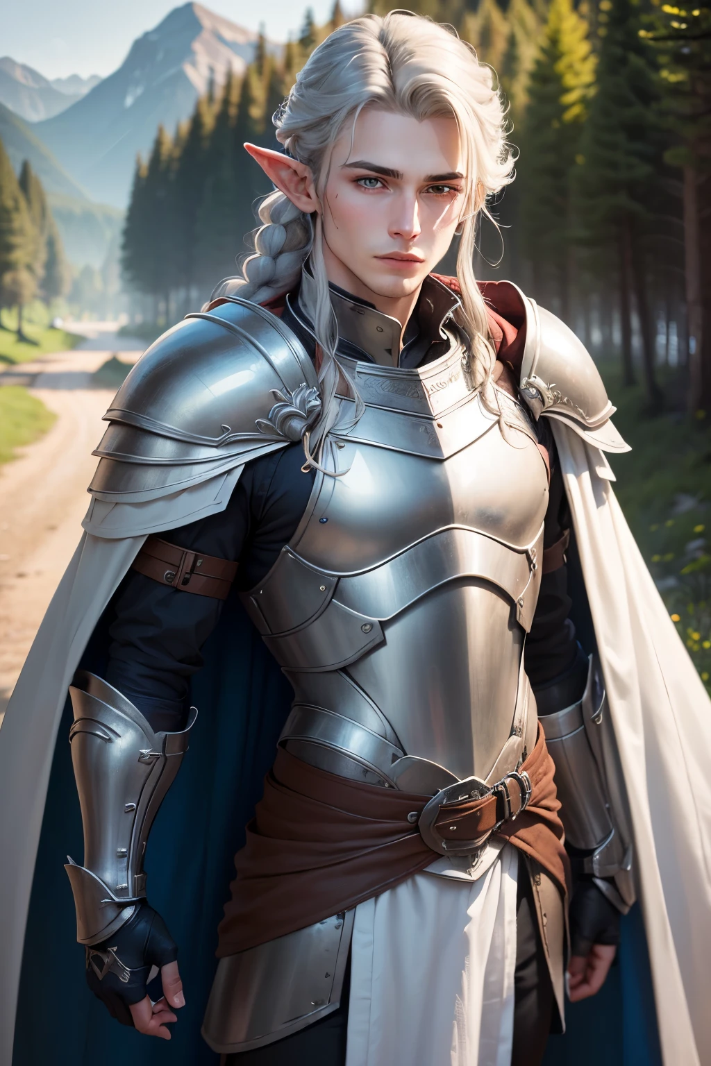 ((best qualityer)), ((work of art)), (detailded), ((best quality)), ((masterpiece)), (detailed), Prize-winning works, with incredible details, maximum textures and details, uhd ,8K,super resolution ,depth of field, retina, masterpiece, anatomically correct, textured skin, super detail, high details, highres ,1 Male elf fantasy warrior adventurer ,Single braid long gray hair,rosto ultra detailded ,blue colored eyes, wide chin , wearing light adventurer armor , gray gauntlets and gloves, red breastplate, long white and silver cape ,fully body, olhos penetrantes hiperdetaildeds , olhos detaildeds ,white light armor(25 year old young man :1.1,olhos detaildeds, rosto detailded, whole body:1.1,the bottom is a valley ,mountains and forest ),(best qualityer:1.2,ultra-detailded:1.1,realisitic:1.37) ,eyeshadows, sharp focus, swirly vibrant colors,)