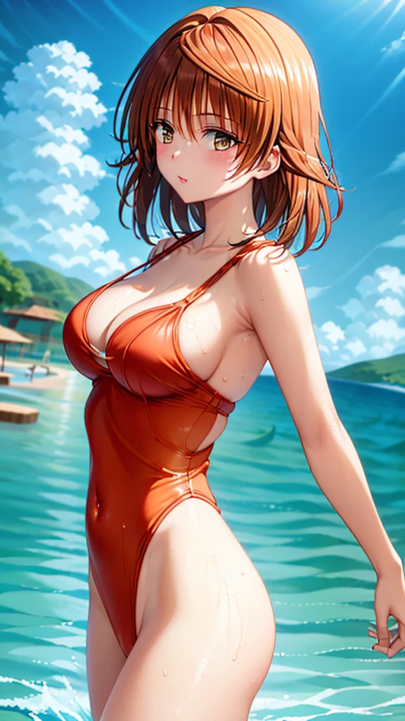 1girl, solo, looking at viewer, short hair, brown hair, brown eyes, swimsuit, cowboy shot, armpits, arms up, lips, one-piece swimsuit, white one-piece swimsuit, pool, photo background