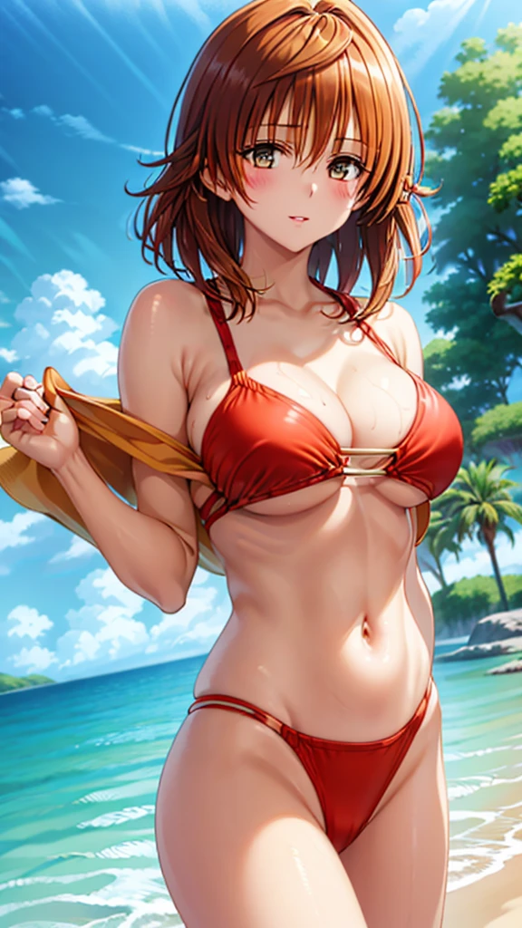 1girl, solo, looking at viewer, short hair, brown hair, brown eyes, swimsuit, cowboy shot, armpits, arms up, lips, one-piece swimsuit, white one-piece swimsuit, pool, photo background