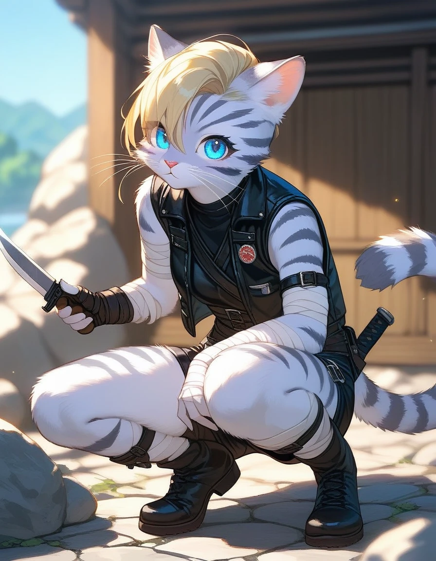 Solo, score_9,score_8_up,score_7_up, source_cartoon, kemono style, kat, Anthro furry feline, female, tall slender body, long blonde hair, long undercut hair, pink nose, blue eyes, white whiskers, silver fur, grey stripes, furry body, wearing black cloth vest, black leather medieval vest, black short shorts, adventuring gear, feet wrapped in bandages, outdoors, nighttime, squatting, assassins pose, holding a combat knife, eyes glowing blue, on a rock,