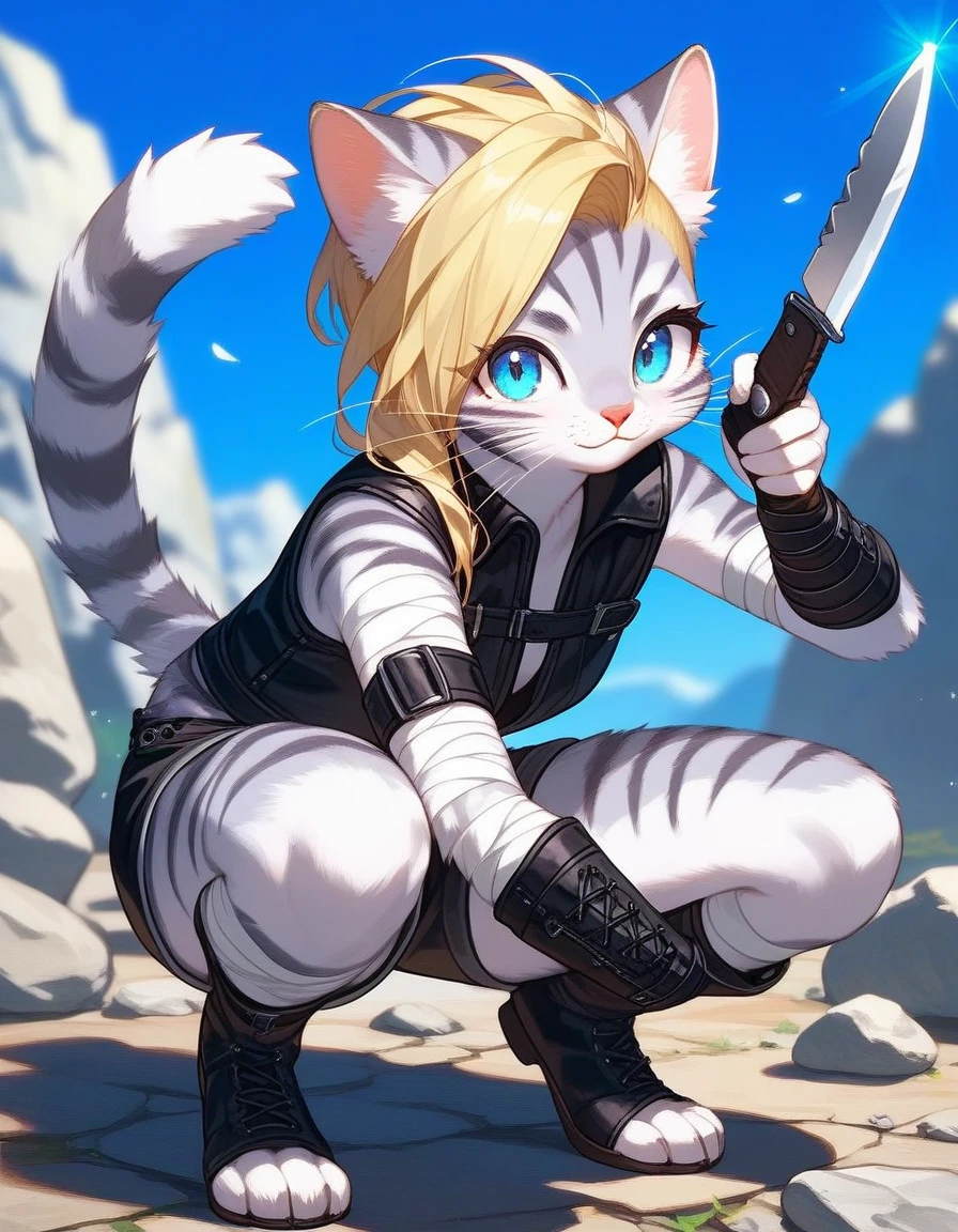Solo, score_9,score_8_up,score_7_up, source_cartoon, kemono style, kat, Anthro furry feline, female, tall slender body, long blonde hair, long undercut hair, pink nose, blue eyes, white whiskers, silver fur, grey stripes, furry body, wearing black cloth vest, black leather medieval vest, black short shorts, adventuring gear, feet wrapped in bandages, outdoors, nighttime, squatting, assassins pose, holding a combat knife, eyes glowing blue, on a rock,
