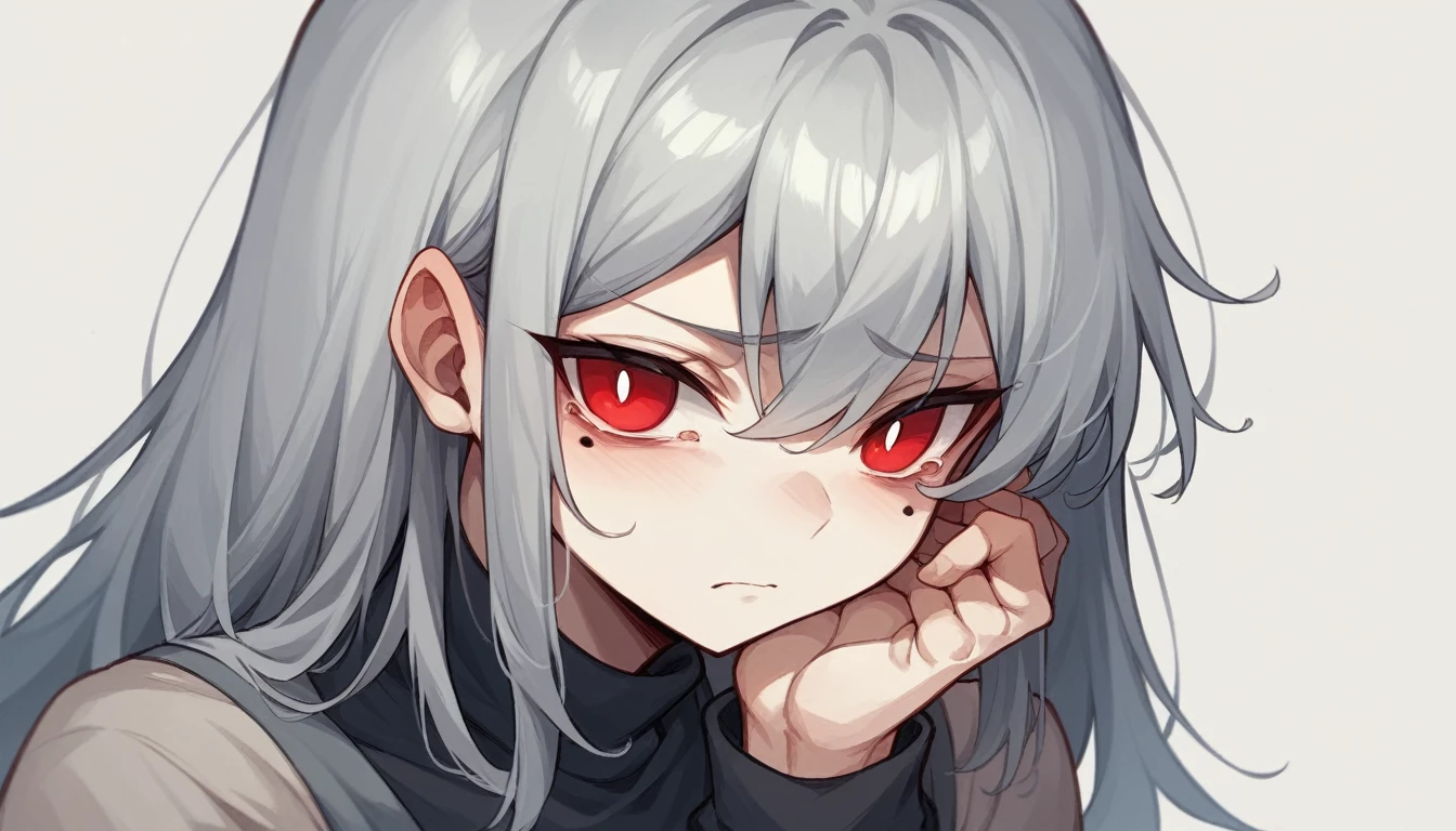 1 teen girl character。gray hair color、Glowing red eyes、Long Hair、There is a mole under the left eye。Are you in tears?、Sad expression with watery eyes。Isolated on white background、Depict people only。