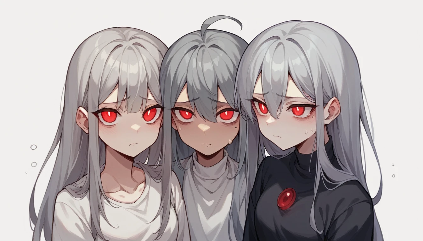 1 teen girl character。gray hair color、Glowing red eyes、Long Hair、There is a mole under the left eye。Are you in tears?、Sad expression with watery eyes。Isolated on white background、Depict people only。