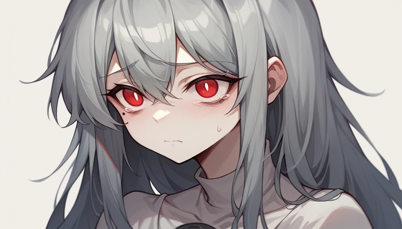 1 teen girl character。gray hair color、Glowing red eyes、Long Hair、There is a mole under the left eye。Are you in tears?、Sad expression with watery eyes。Isolated on white background、Depict people only。