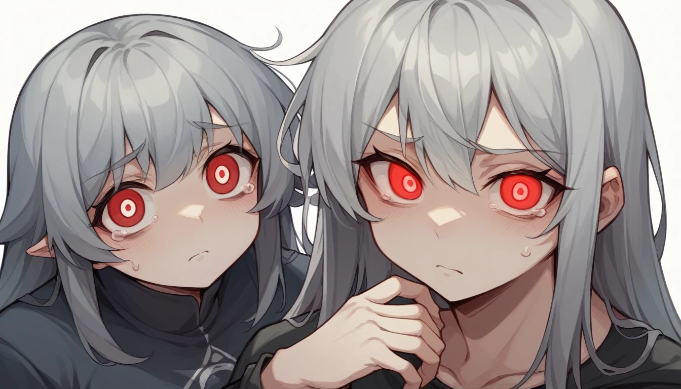 1 teen girl character。gray hair color、Glowing red eyes、Long Hair、There is a mole under the left eye。Are you in tears?、Sad expression with watery eyes。Isolated on white background、Depict people only。