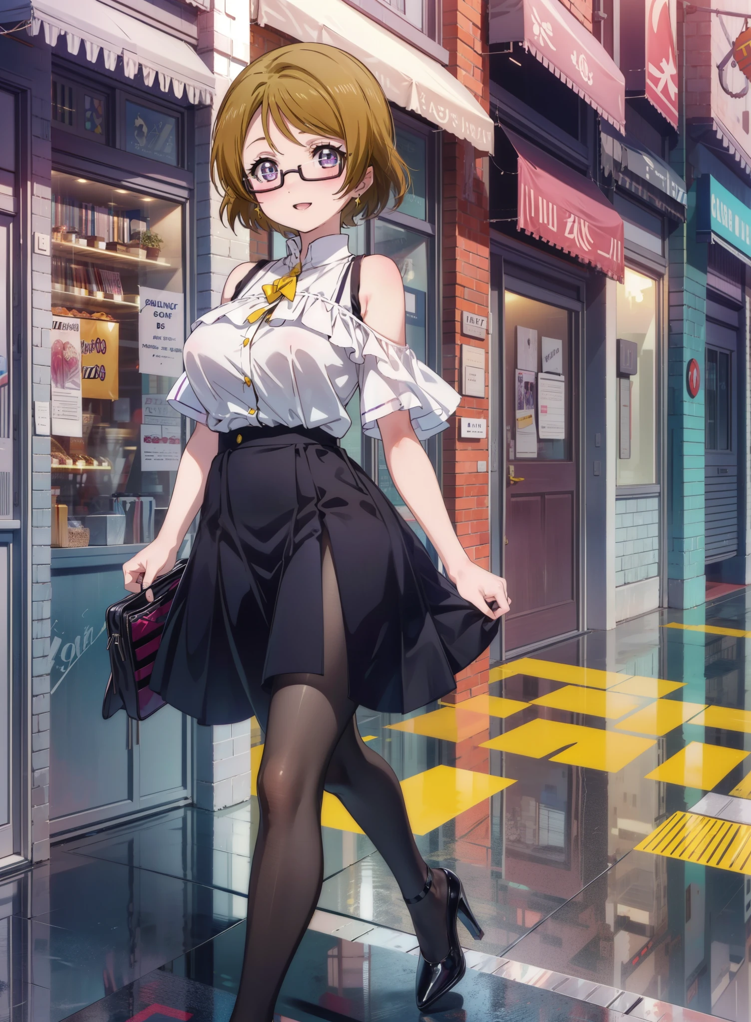 hanayo koizumi, hanayo　Koizumi, short hair, Brown Hair, Purple eyes,Big Breasts,Black-rimmed glasses,Cold Shoulder Shirt,Short sleeve,Long skirt,Black pantyhose,Stiletto heels,happy smile, smile, Open your mouth,まるでwhole bodyがイラストの中にいるかのように,Walking,morning,morning陽,The sun is rising,
break looking at viewer, whole body,
break outdoors,Building district,
break (masterpiece:1.2), Highest quality, High resolution, unity 8k wallpaper, (shape:0.8), (Beautiful and beautiful eyes:1.6), Highly detailed face, Perfect lighting, Extremely detailed CG, (Perfect hands, Perfect Anatomy),