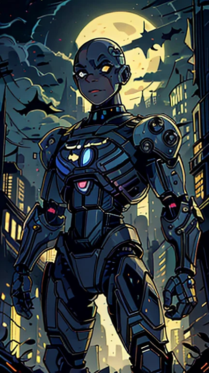 best quality,masterpiece,1boy,solo,(((13years old))),african boy,an extremely cute and handsome boy,highly detailed beautiful face and eyes,petit,cute face,lovely face,baby face,shy smile,show teeth,no hair,bald,flat chest,skinny,slender(((wearing a Cyborg costume,))),(((Heroic pose in Dark Midnight Fantasy style Gotham castle))),he is looking at the viewer,