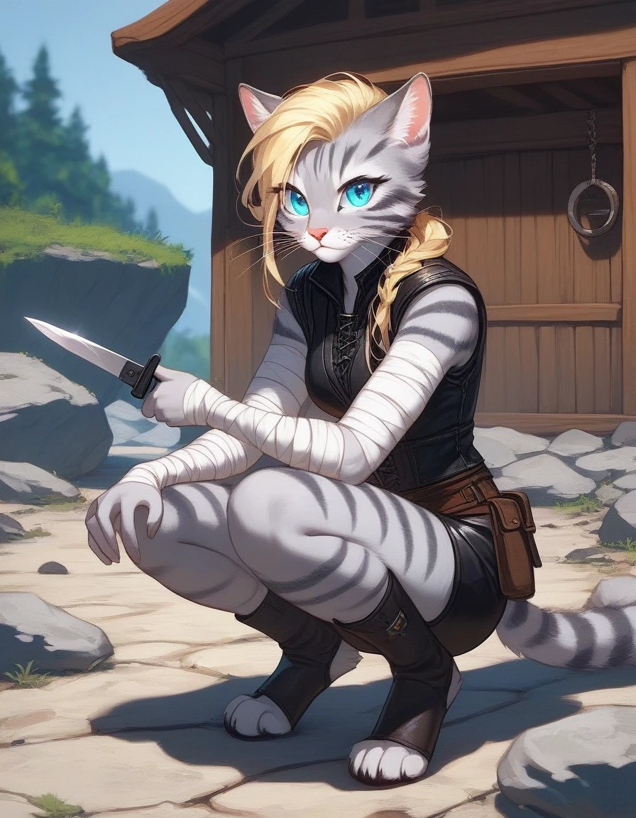 Solo, score_9,score_8_up,score_7_up, source_cartoon, kat, Anthro furry feline, female, tall slender body, long blonde hair, long undercut hair, pink nose, blue eyes, white whiskers, silver fur, grey stripes, furry body, wearing black cloth vest, black leather medieval vest, black short shorts, adventuring gear, feet wrapped in bandages, outdoors, nighttime, squatting, assassins pose, holding a combat knife, eyes glowing blue, on a rock,