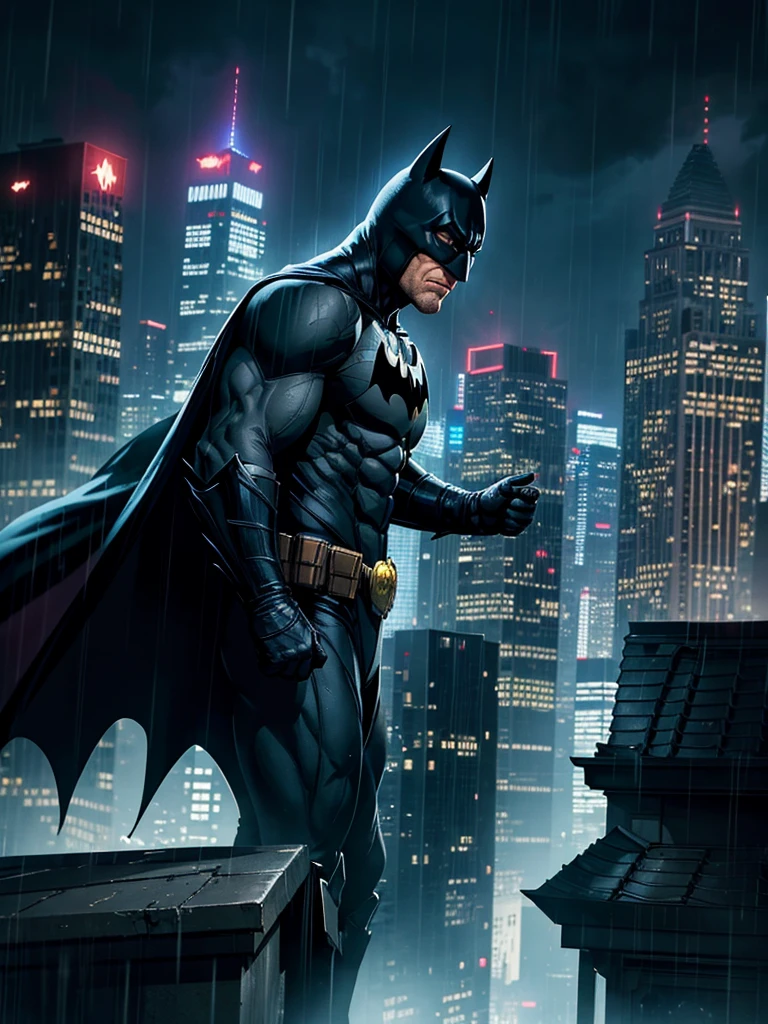 Batman with the cape , on top of a building , It rains heavily , dark evening , dark Batman sign in the sky 