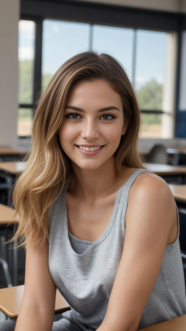 photo of a (beautiful 30 year old female schoolteacher with long blonde hair),short height, delicate face, intricate body, (Best quality, 8k, 32k, Masterpiece, UHD:1.2) Masterpiece, perfect body figure, zoomed-out, attractive legs, fit body:1.4, (RAW), natural lighting, perfect face, blue eyes, perfect female body, most attractive looking person, (round b-reasts:1.4), dark hair, alternative style, grunge, ((wearing loose sweatpants and tank top)), top buttons unbuttoned, detailed eyes, (pale skin), (detailed face), thin body, ((full body)), ((lying on the school desk)), resting, (high detailed skin:1.2), 8k uhd, dslr, soft lighting, high quality, film grain, Fujifilm XT3, (pushed-up b-reasts:1.5), 16k, Fujifilm XT3 sharp focus, f 5.6, 50mm, large b-reasts:1.6, zoomed - out , beautiful, delicate and detailed collarbone, attractive oval face, natural smile, reflective eyes, nice upper body, innocent look, spreaded legs, seductive look, smiling alluringly, erotic pose, playful smile