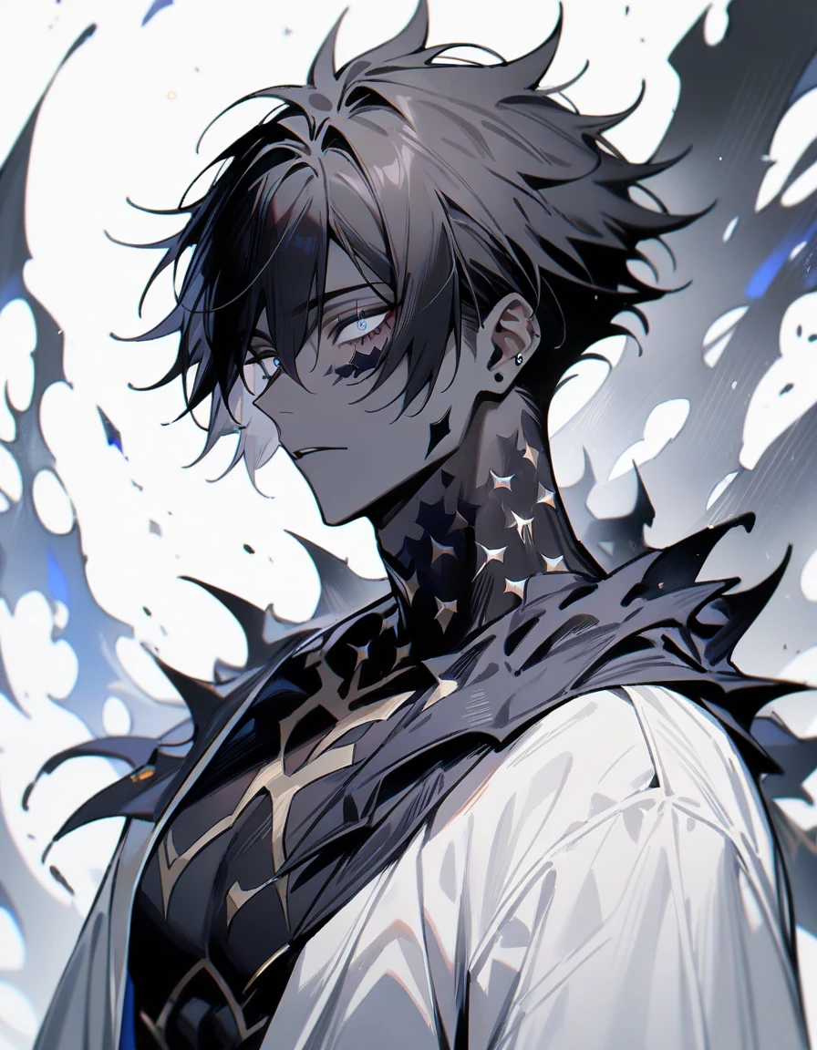 (1boy,jujutsu kaisen) solo, ((void skin), black hair, (layered cut), white bright eyes, masterpiece, best quality, high quality, upper body, male focus,