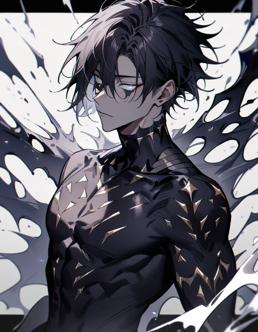 (1boy,jujutsu kaisen) solo, ((void skin), black hair, (layered cut), white bright eyes, masterpiece, best quality, high quality, upper body, male focus,