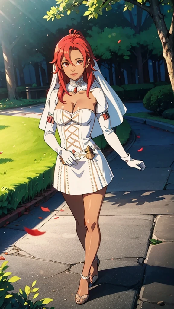 (((full body photo))),1girl hair between eyes, ahoge, red eyes, red hair, star \(symbol\), hair ornament, dress, cleavage, bare shoulders, collarbone, long white elbow gloves, white gloves, white dress, white choker, strapless, tiara, veil, strapless dress, wedding dress, bridal veil, beautiful woman, perfect body, perfect breasts, wearing a wedding dress, ball gown, in the park trees, wedding decorations, a in love smile, realism, masterpiece, textured skin, super detail, high detail, high quality, best quality, 1080p, 16k
