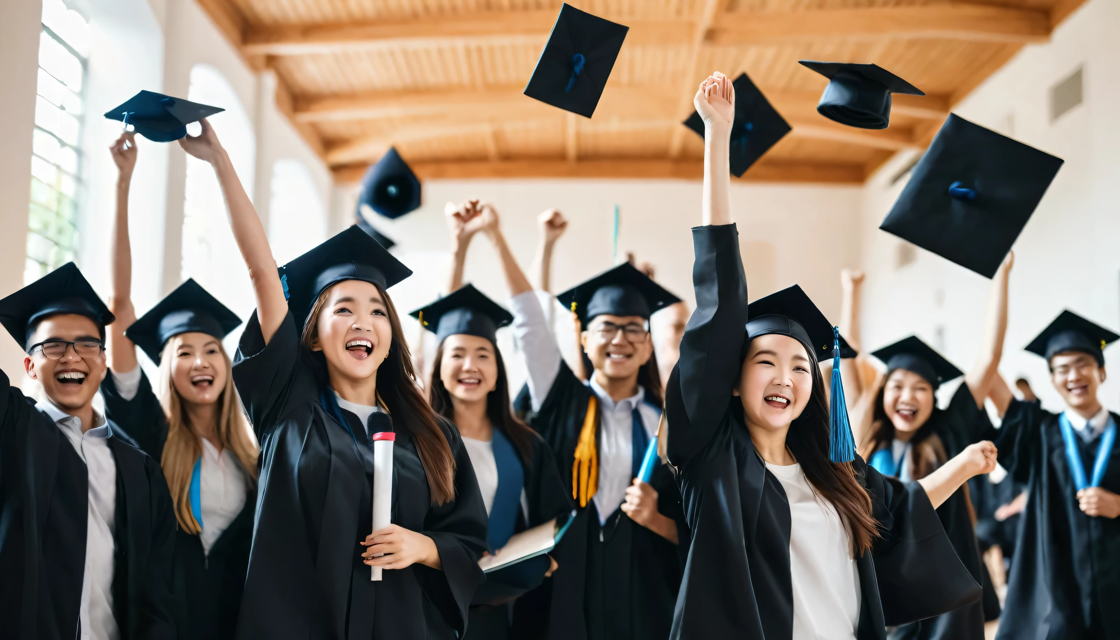 Female and male graduate students celebrating their graduation indoors on campus, they throw black yoga hats up rejoicing with success and graduation with blurry photo