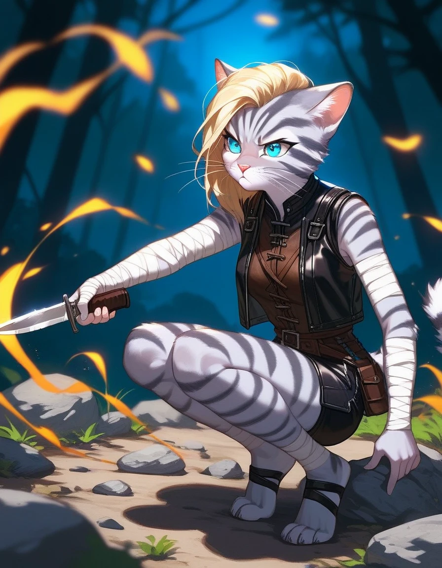 Solo, score_9,score_8_up,score_7_up, source_cartoon, cartoon, kat, Anthro furry feline, female, tall slender body, long blonde hair, long undercut hair, pink nose, blue eyes, white whiskers, silver fur, grey stripes, furry body, wearing black cloth vest, black leather medieval vest, black short shorts, adventuring gear, feet wrapped in bandages, plantigrade feet, outdoors, nighttime, squatting, holding a combat knife, eyes glowing blue, on a rock, at night, in a forest, serious expression