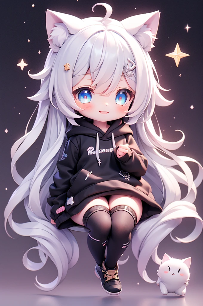 beautiful girl,Cat ear,Long white hair,Light blue eyes,cute, young, Black tights, Wearing an oversized hoodie,sleeping,Confused eyes,smile,1 person,The background is a starry sky,beautiful girlのみ,chibi