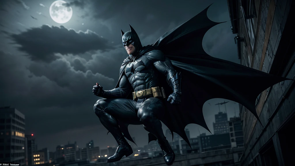 Creates a realistic, dark image of an older Batman inspired by the comic 'The Dark Knight Returns'. He displays a full-body action pose of a grey-haired and muscular Batman, his suit worn from years of battle. Batman must be on top of a building, gliding with his cape, throwing a batarang, or hanging from a rope. He highlights the age lines on his face, showing his determination and experience. The background should be a dark and gloomy Gothic city, with dramatic lighting that emphasizes the intensity of the scene. Capture the epic, almost mythical nature of an aging Dark Knight still fighting for justice.