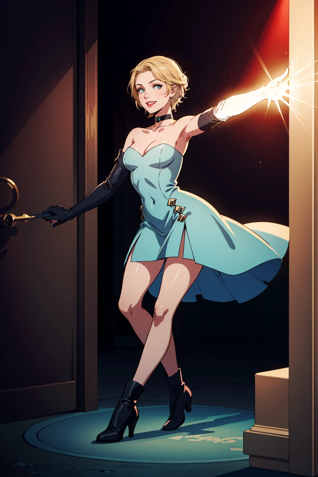 (((full body photo))), ingrid_timeskip, green eyes, light blue dress, strapless dress, long white elbow gloves, smile, light red lipstick, dark purple eye shadow, makeup, black choker, cowboy shot