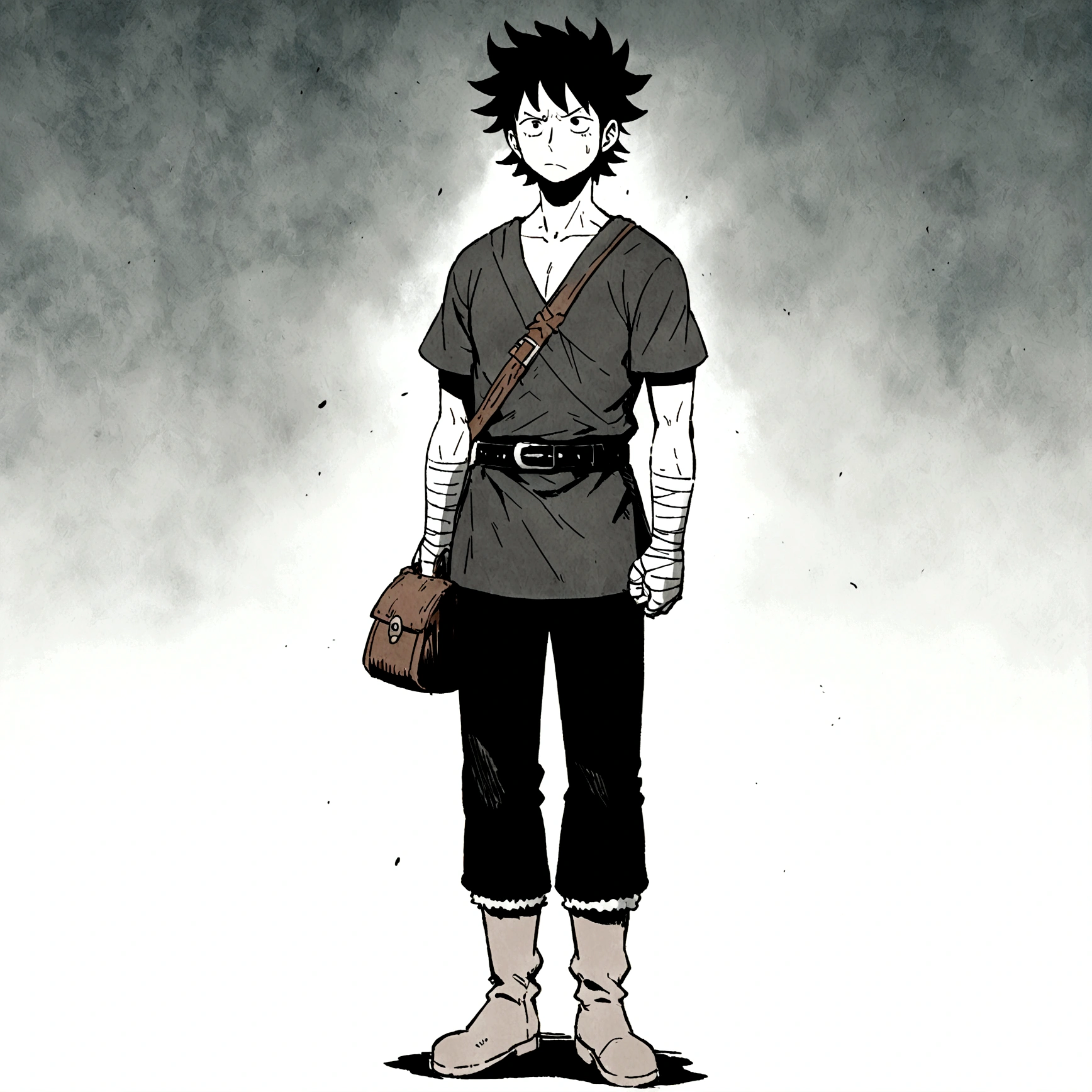 35-year-old man, unkempt appearance, small and stocky build, disheveled hair and shrewd eyes, tired look due to drinking, hands wrapped in bandages, simple and worn clothing consisting of a short tunic, trousers and light boots, carries a small leather bag attached to his belt, probably filled with small bottles of liquor, "Anime design inspired by One Piece, filled with dramatic and impressive lighting, infused with creative details, ultra-fine 2D design, scenery bathed in creativity, boasting 2D anime resolution clarity, HD anime graphics, high-octane rendering"