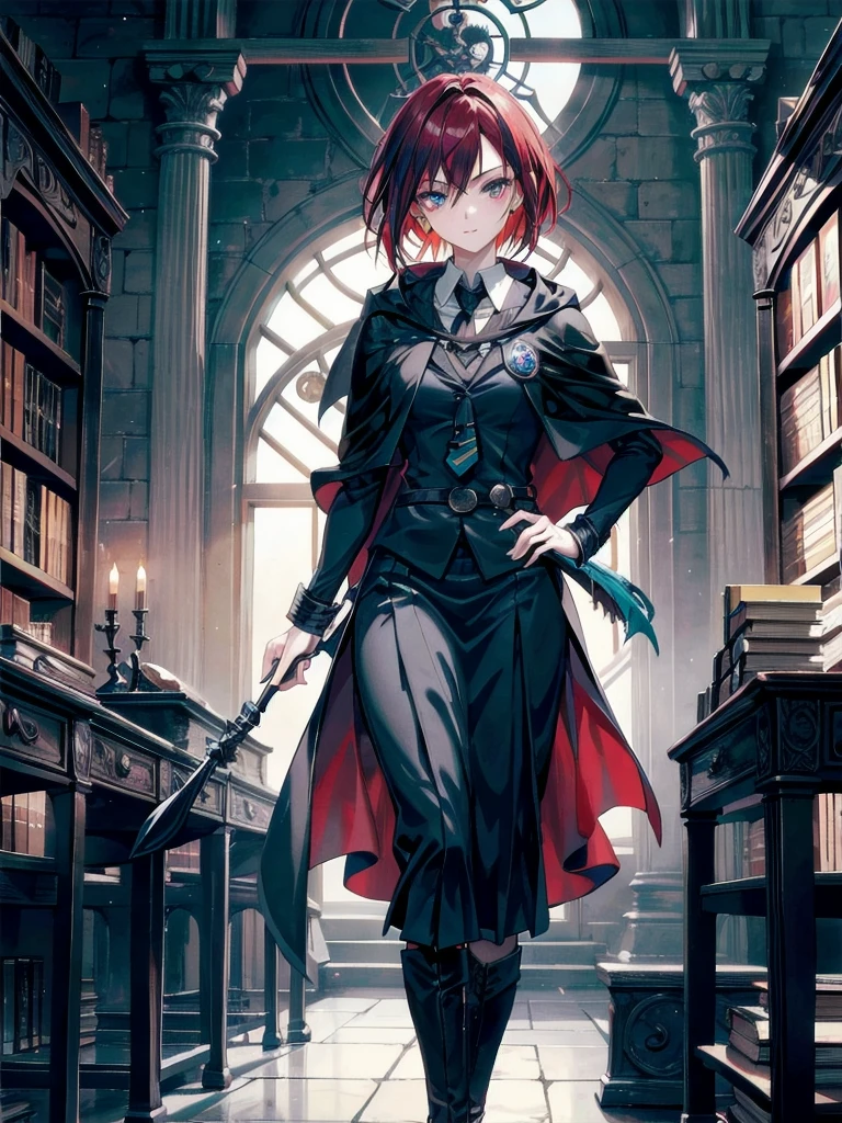 maximum details, cinematic, abstract art, dark theme, deep shadow,
1 girl, adult (elven:0.7) woman, freckles, ruby eyes, dark red quiff hair,
(style-swirlmagic:0.8), looking at viewer, solo, (full body:0.6), detailed background, detailed face, (fragrealitytech theme:1.1), hogwarts teacher, curious, (ravenclaw :1.1), necktie, cloak, casting spell, surrounded by lightning, library in background, sunlight,