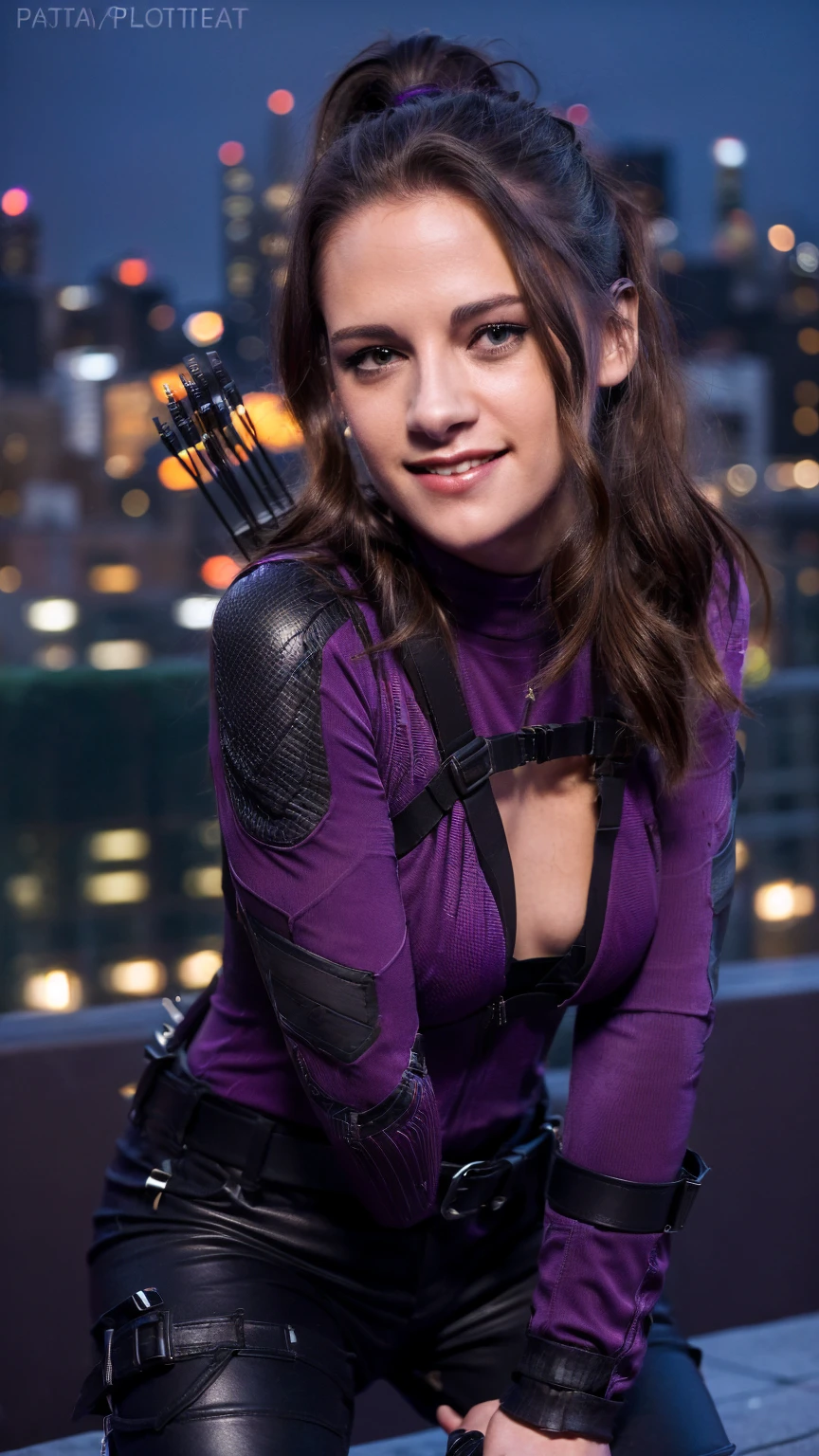 (masterpiece), (photorealistic1.4), (epiCRealLife), (lora:KateBishopFNLoRA:1.0 ribbed bodysuit costume), (KateBishopFNLoRA black leather pants), (KateBishopFNLoRA utilities belt), (leg holster) (KateBishopFNLoRA black gloves), (Kate Bishop Purple Costume),, (epiCFlashPhoto), (harness), (medium height), (bow & arrow on back), (ponytail), (young woman), ,(flashphoto), (flash photography), (make up),(kst3w-v2 smile ), (Kristen Stewart smile ) (at night, (on New York Rooftop), (New York Cityscape), (squatting),