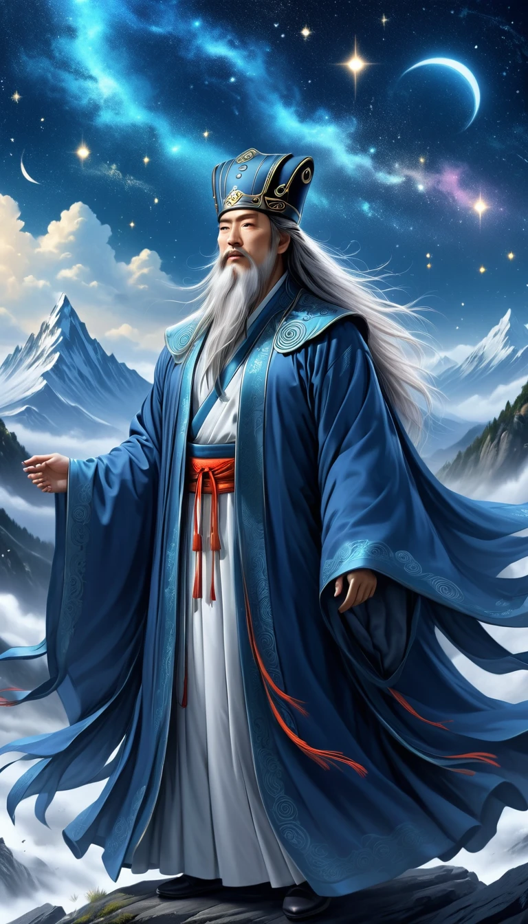 a wise old Chinese Taoist sorcerer in flowing black robe, long white beard and eyebrows, wearing a traditional scholar's hat, standing on a mountain peak gazing at the starry night sky, surrounded by glowing mystical runes and symbols, ethereal atmosphere, highly detailed, cinematic lighting, digital art, concept art, fantasy