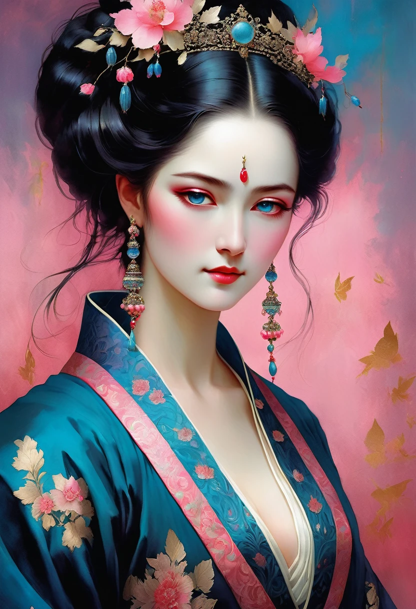 (full body:1.8), portrait of a beautiful empress, blue glowing eyes, imposing look, strong pose, porcelain skin, long black hair, ornate traditional robe, Harrison Fisher and Catrin Welz-Stein art style, vivid colors, pink color palette, highly detailed, cinematic lighting, dramatic pose, elegant, graceful, regal, intricate details, masterpiece, photorealistic, 8k, best quality