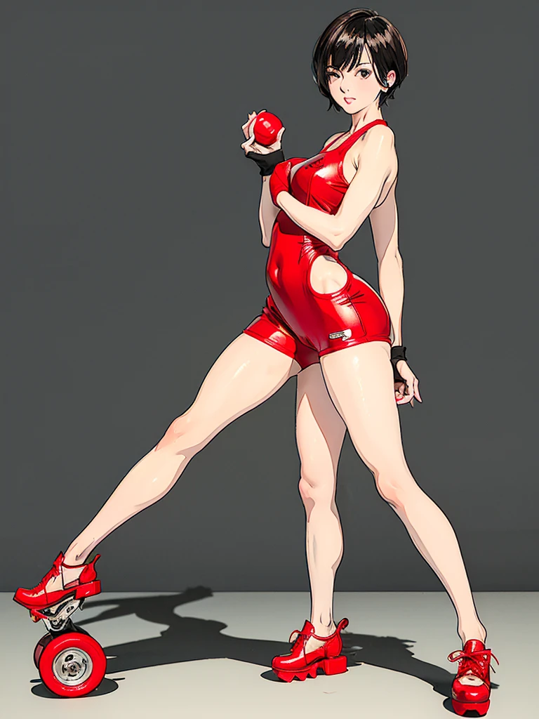 A thin, adult woman without hair, wearing short red latex gloves, wearing a sporty one-piece swimsuit, pale skin, wearing red roller skates with thick heels, The woman is posing standing while holding a giant pill. anime style, semi realistic style, whole body. 