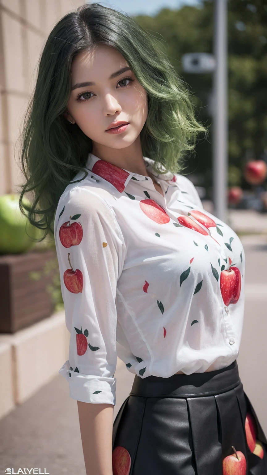 (best quality,16k,high-res,masterpiece:1.2),ultra detailed,UHD,(realism,photorealistic),(1woman:1.4, 22-year-old), brown_eyes, ((Fujicolor, daytime,soft lighting),(firm normal breasts),(perfect proportions),(anatomically correct),(curly green hair(slicked to the side) insanely Details). BREAK,white blouse, (((red_apple printed on shirt))). BREAK,((black skirt:1.4)),