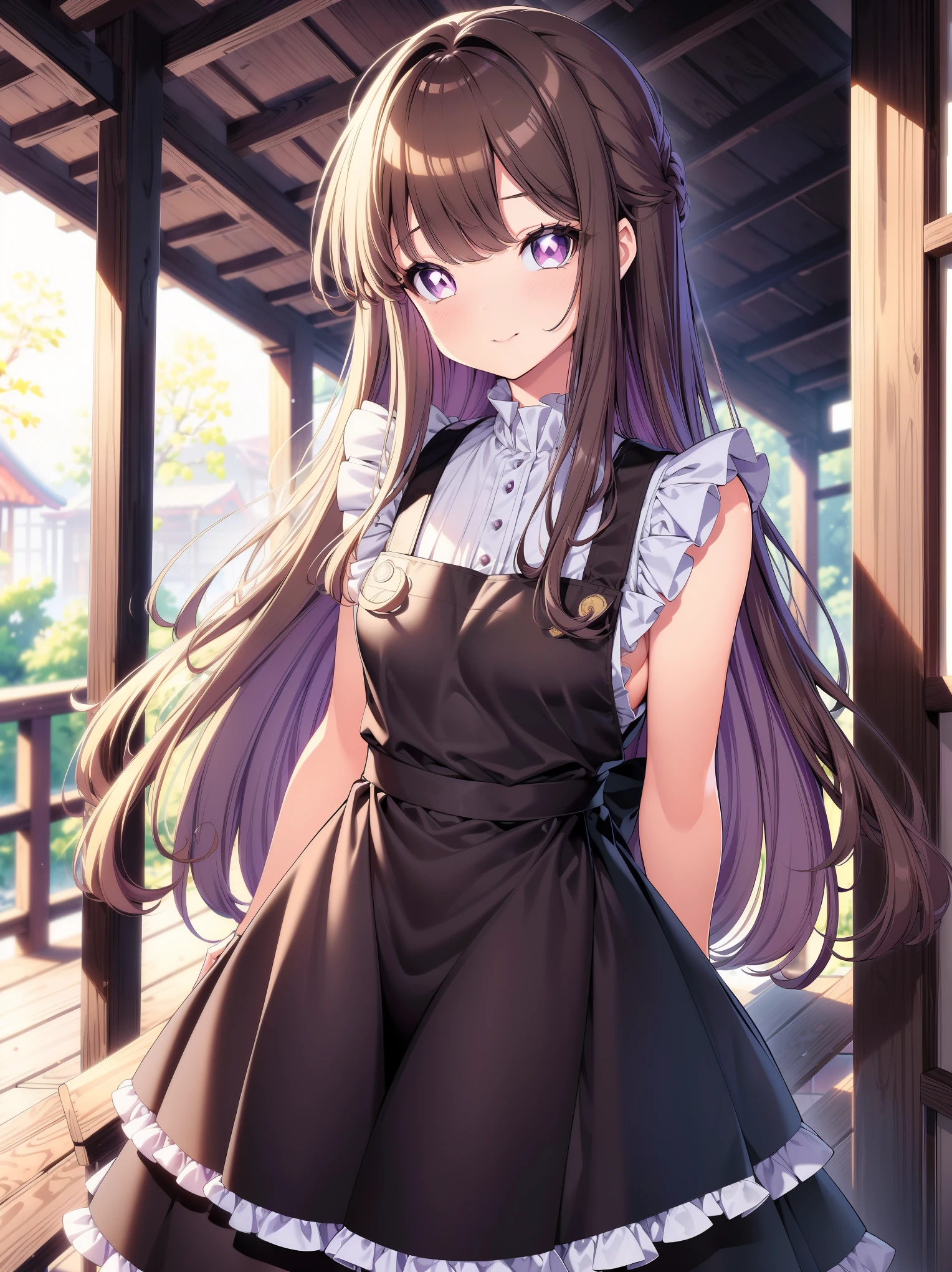 (masterpiece), (cowboy shot), (best quality, ultra-high resolution, depth of field:1.2), 1woman, brunette, long hair, inner hair color, small breasts, loose clothes, (wearing casual modern clothes), frills, (lavender eyes), bright eyes, starry eyes, (apron), Japanese convenience store scenery, gentle smile, arms behind back