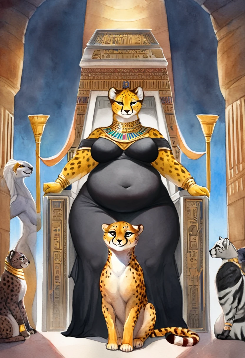 cover page, highres, top quality, best quality, paid reward available, unparalleled masterpiece, perfect artwork, absurdres, High-quality illustrations, watercolor, soft color, Height difference, Physical difference, perfect anatomy, smile, sexy, Female cheetah, fat, fat belly, fat thighs, fat arms, lovehandles, big breasts, silver eyes, golden yellow fur, black cheetah markings, black dress, silver earrings, silver bracelets, silver rings, silver necklaces, golden borders, throne, Egypt, goddess, servants of assorted species
