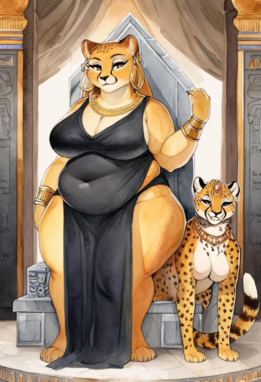 cover page, highres, top quality, best quality, paid reward available, unparalleled masterpiece, perfect artwork, absurdres, High-quality illustrations, watercolor, soft color, Height difference, Physical difference, perfect anatomy, smile, sexy, Female cheetah, fat, fat belly, fat thighs, fat arms, lovehandles, big breasts, silver eyes, golden yellow fur, black cheetah markings, black dress, silver earrings, silver bracelets, silver rings, silver necklaces, golden borders, throne, Egypt, goddess, servants of assorted species