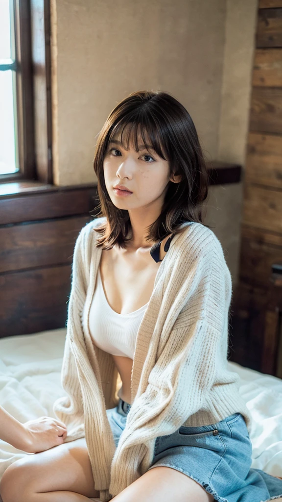 alone、Natural body shape、White skin、Natural Makeup、Black Hair、bangs、Straight Long Hair、、(expensive  、Beige long sleeve cardigan、White blouse、Blue plaid pleated skirt)、、(Big Breasts:1.3)、((The upper body is wearing a uniform))、(((((Looking into the camera)))))、(((Head to knee portrait)))、(((Exposing your thighs)))、Bedroom、On the bed、Sitting、((Focus on the crotch))