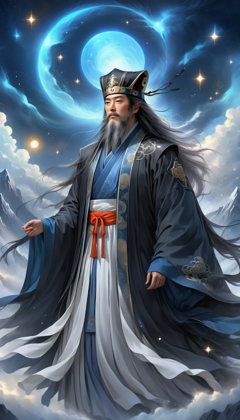 a wise old Chinese Taoist sorcerer in flowing black robe, long white beard and eyebrows, wearing a traditional scholar's hat, standing on a mountain peak gazing at the starry night sky, surrounded by glowing mystical runes and symbols, ethereal atmosphere, highly detailed, cinematic lighting, digital art, concept art, fantasy