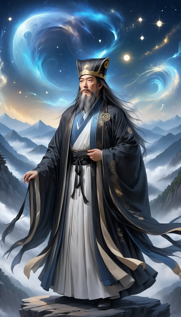 a wise old Chinese Taoist sorcerer in flowing black robe, long white beard and eyebrows, wearing a traditional scholar's hat, standing on a mountain peak gazing at the starry night sky, surrounded by glowing mystical runes and symbols, ethereal atmosphere, highly detailed, cinematic lighting, digital art, concept art, fantasy