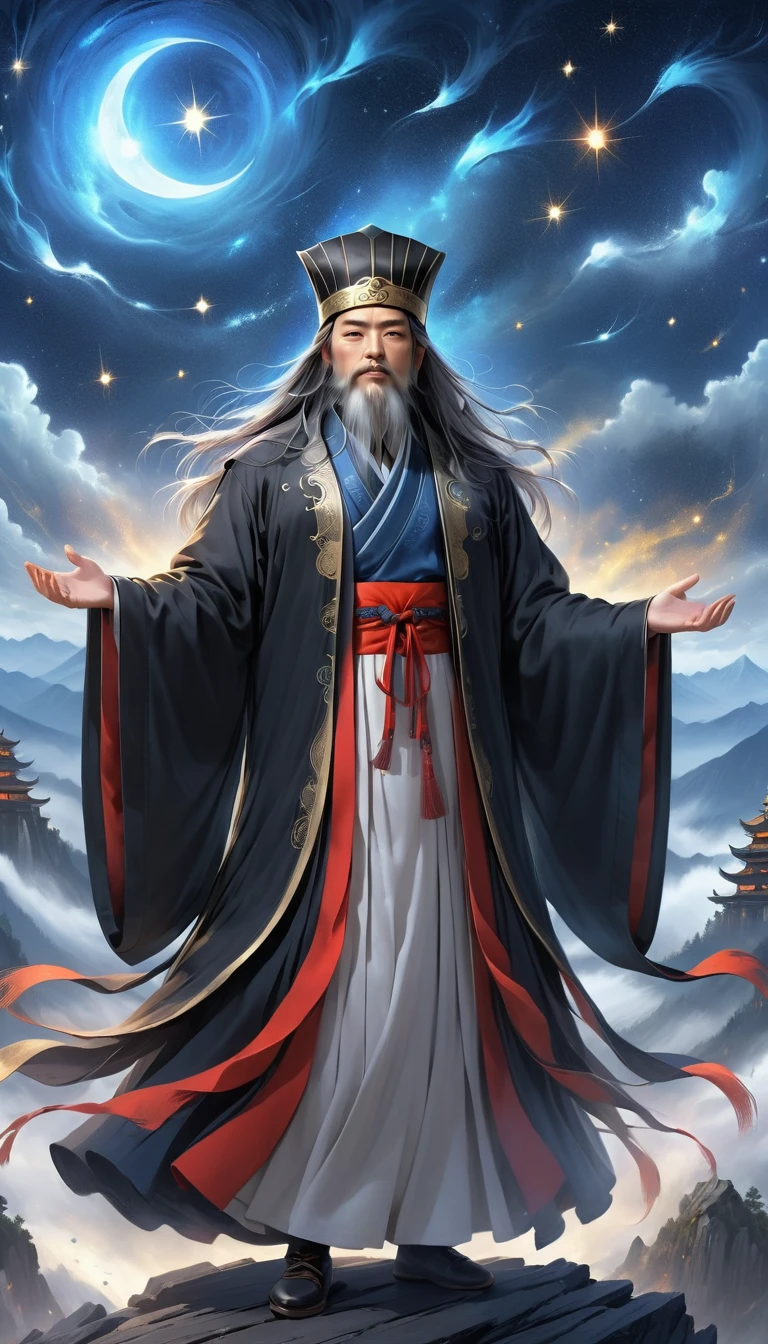 a wise old Chinese Taoist sorcerer in flowing black robe, long white beard and eyebrows, wearing a traditional scholar's hat, standing on a mountain peak gazing at the starry night sky, surrounded by glowing mystical runes and symbols, ethereal atmosphere, highly detailed, cinematic lighting, digital art, concept art, fantasy