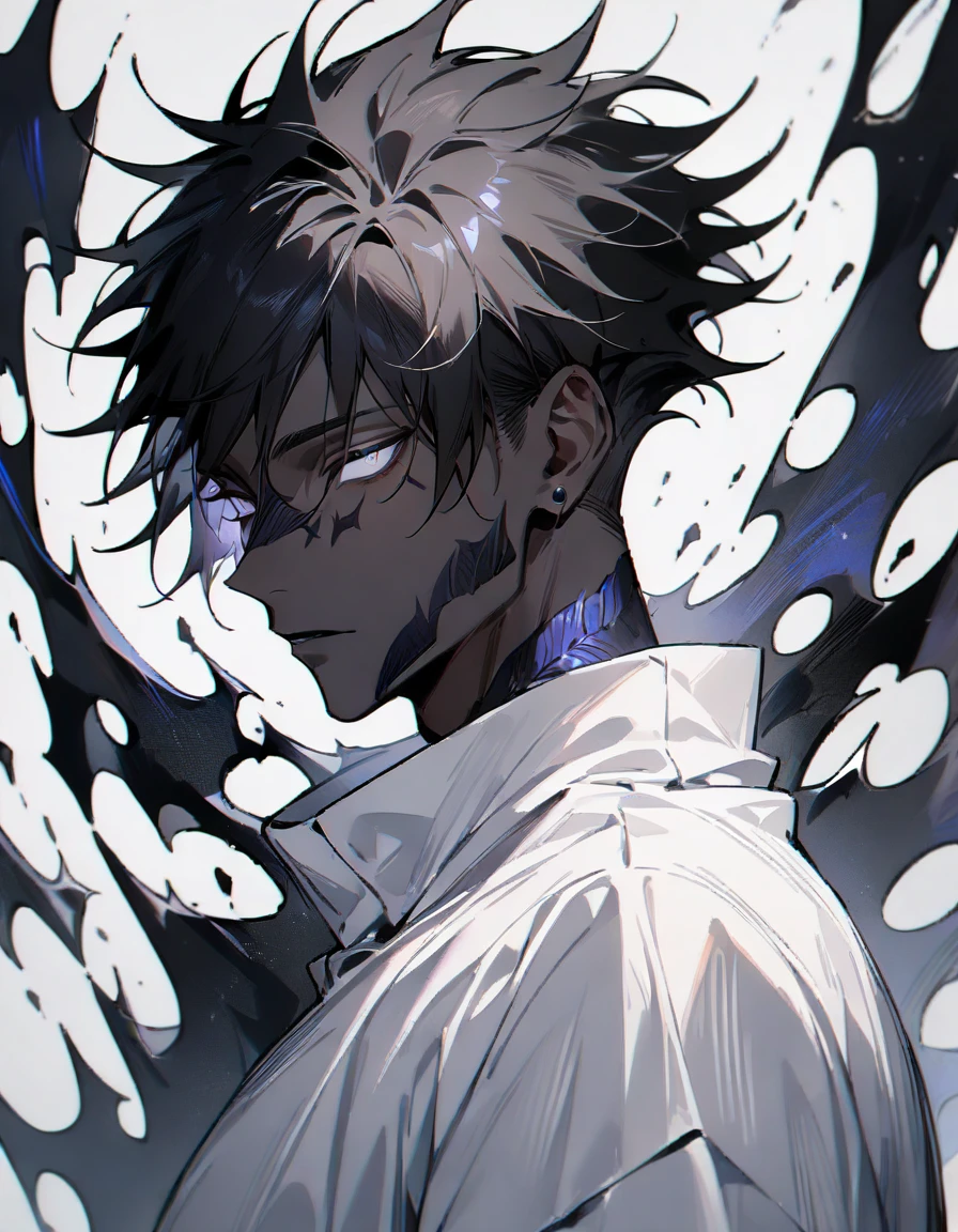 (1boy,jujutsu kaisen) solo, ((void skin color), black hair, (layered cut), white bright eyes, masterpiece, best quality, high quality, upper body, male focus,