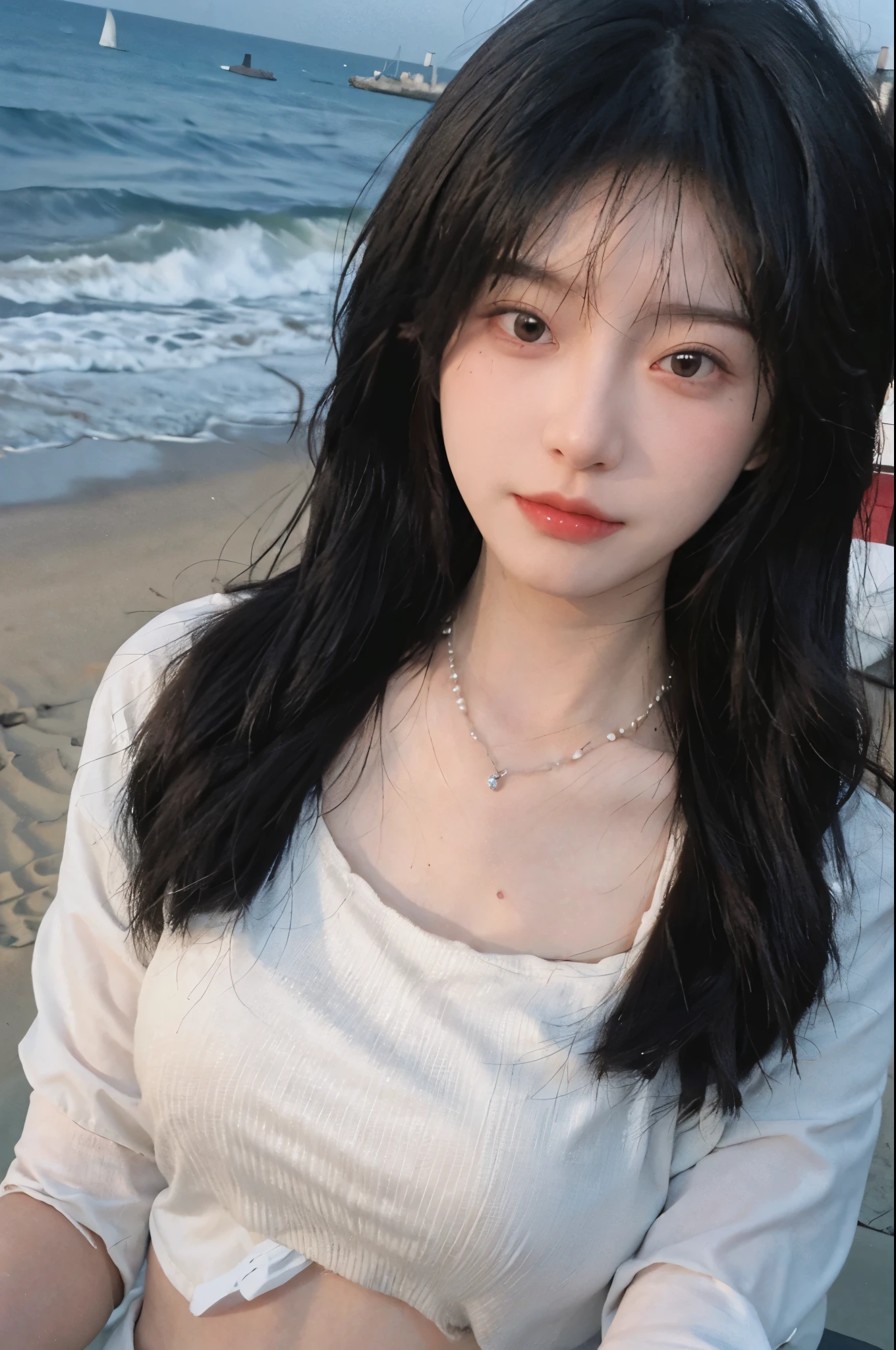 Best quality，Ultra-high resolution，（lifelike：1.4），Cute hairpin，2girll，Long curly hair，jk，Blush，Slim beauty：1.4，Visible abdominal muscles，on the beach，Ultra-fine face，Exquisite eyes，Double eyelids，necklace