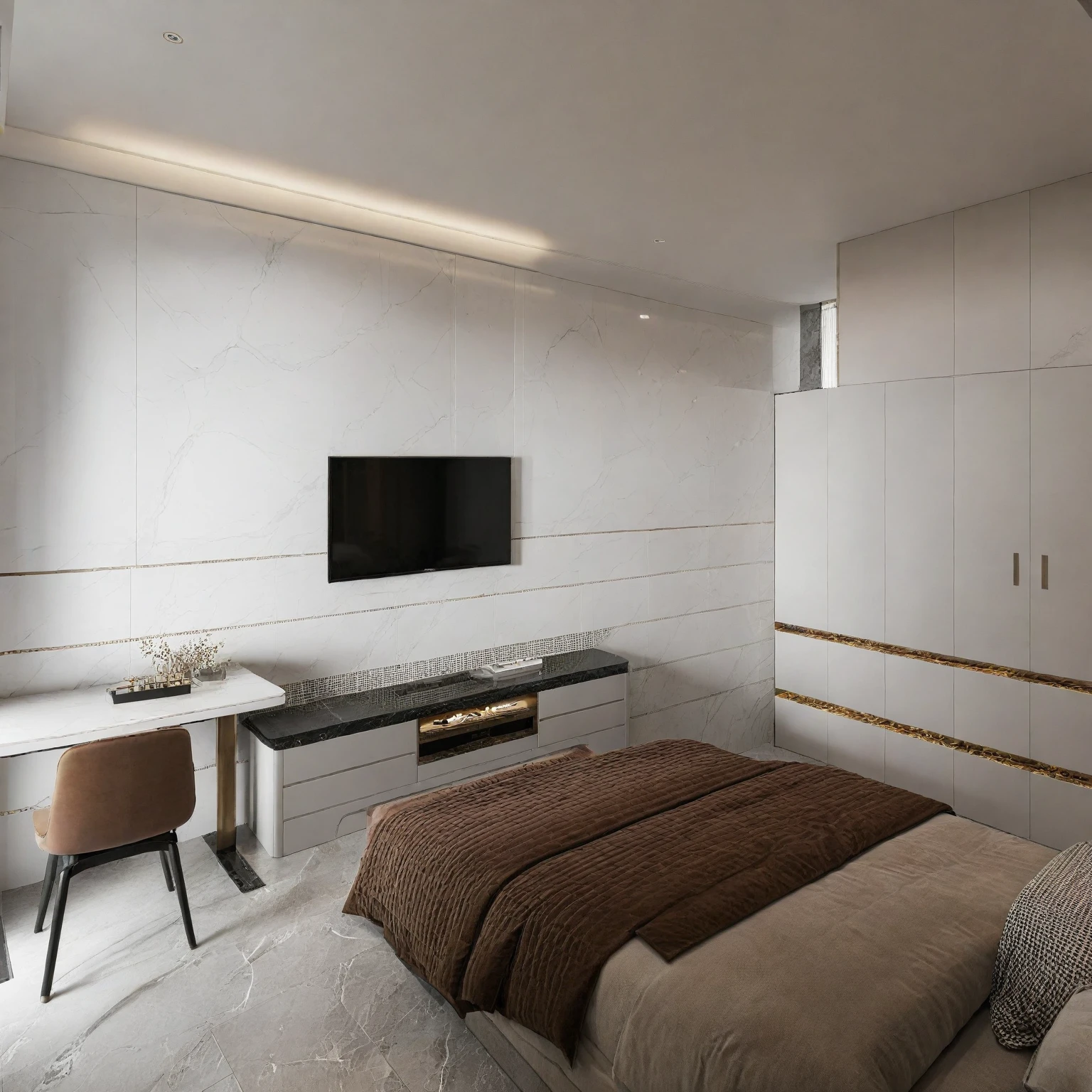 Raw photo,Masterpiece, high quality, best quality, authentic, super detail,
indoors, interior , (( BEDROOM :1.3)), modern style, daylight, (WHITE WALL),luxury, marble tile floor,