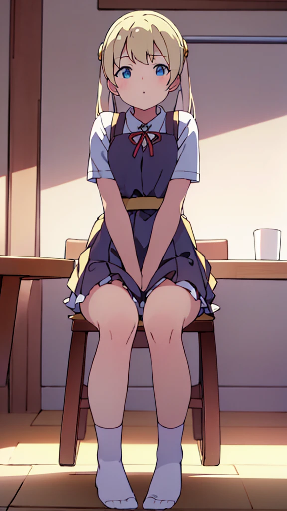 ((masterpiece))((Highest quality))Sitting in a chair、Blonde twin tails、(So that your whole body can be seen)、Directly in front、No background、(Put your feet on the ground)