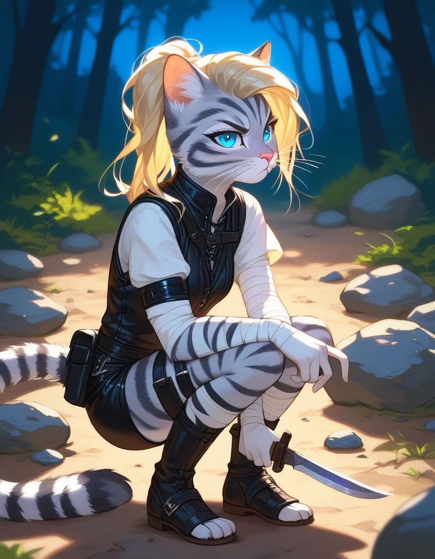Solo, score_9,score_8_up,score_7_up, source_cartoon, cartoon, kat, Anthro furry feline, female, tall slender body, long blonde hair, long undercut hair, pink nose, blue eyes, white whiskers, silver fur, grey stripes, furry body, wearing black cloth vest, black leather medieval vest, black short shorts, adventuring gear, feet wrapped in bandages, plantigrade feet, outdoors, nighttime, squatting, holding a combat knife, eyes glowing blue, on a rock, at night, in a forest, serious expression 