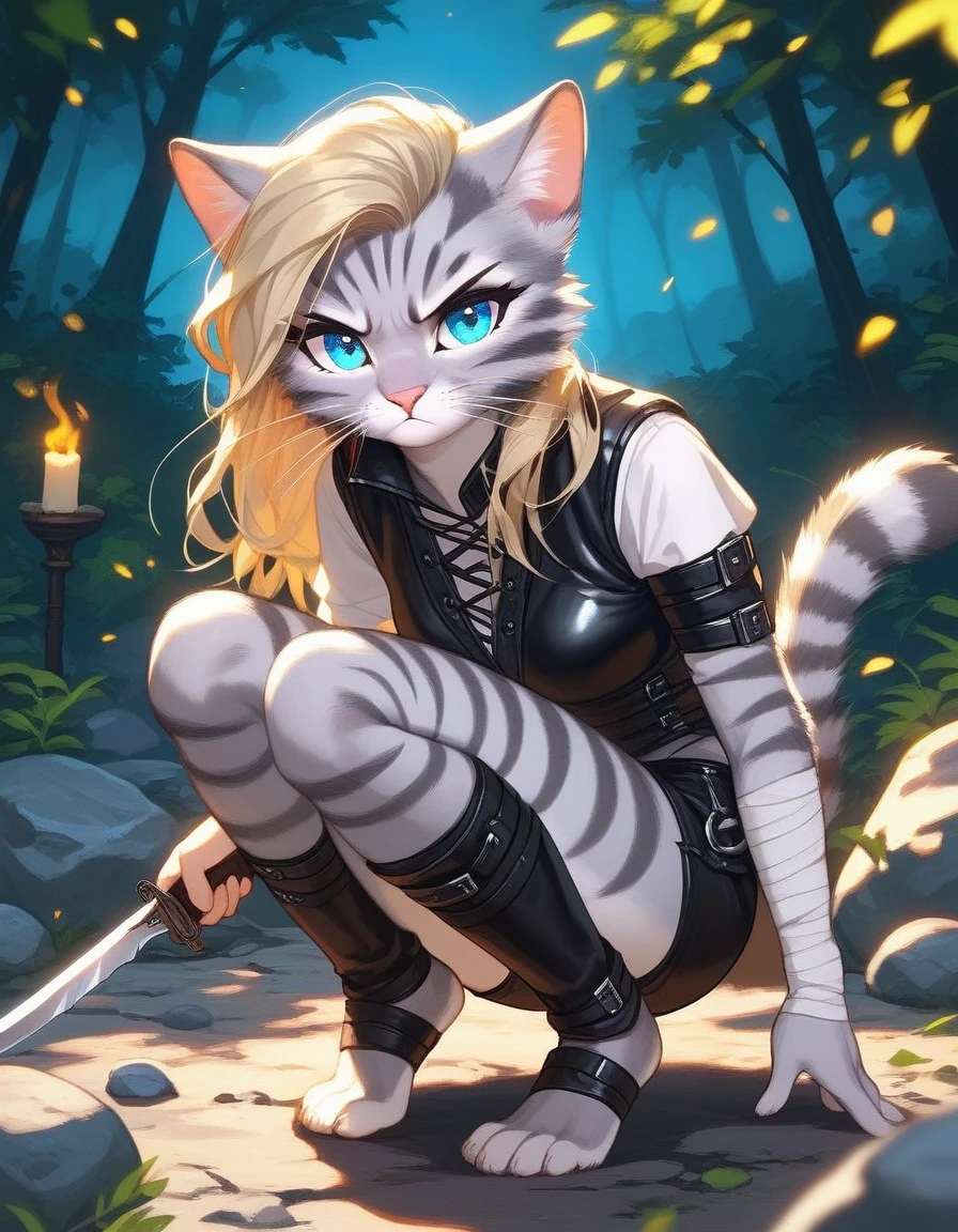 Solo, score_9,score_8_up,score_7_up, source_cartoon, cartoon, kat, Anthro furry feline, female, tall slender body, long blonde hair, long undercut hair, pink nose, blue eyes, white whiskers, silver fur, grey stripes, furry body, wearing black cloth vest, black leather medieval vest, black short shorts, adventuring gear, feet wrapped in bandages, plantigrade feet, outdoors, nighttime, squatting, holding a combat knife, eyes glowing blue, on a rock, at night, in a forest, serious expression