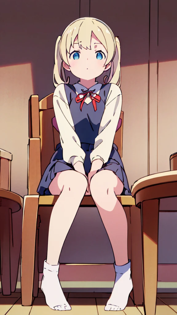 ((masterpiece))((Highest quality))Sitting in a chair、Blonde twin tails、(So that your whole body can be seen)、Directly in front、No background、(Put your feet on the ground)
