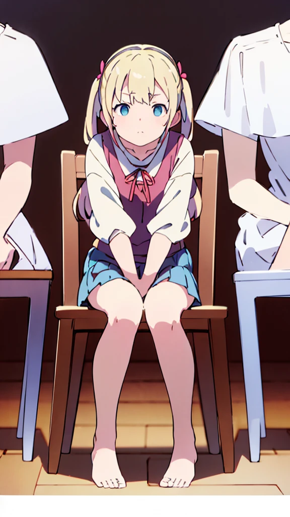 ((masterpiece))((Highest quality))Sitting in a chair、Blonde twin tails、(So that your whole body can be seen)、Directly in front、No background、(Put your feet on the ground)