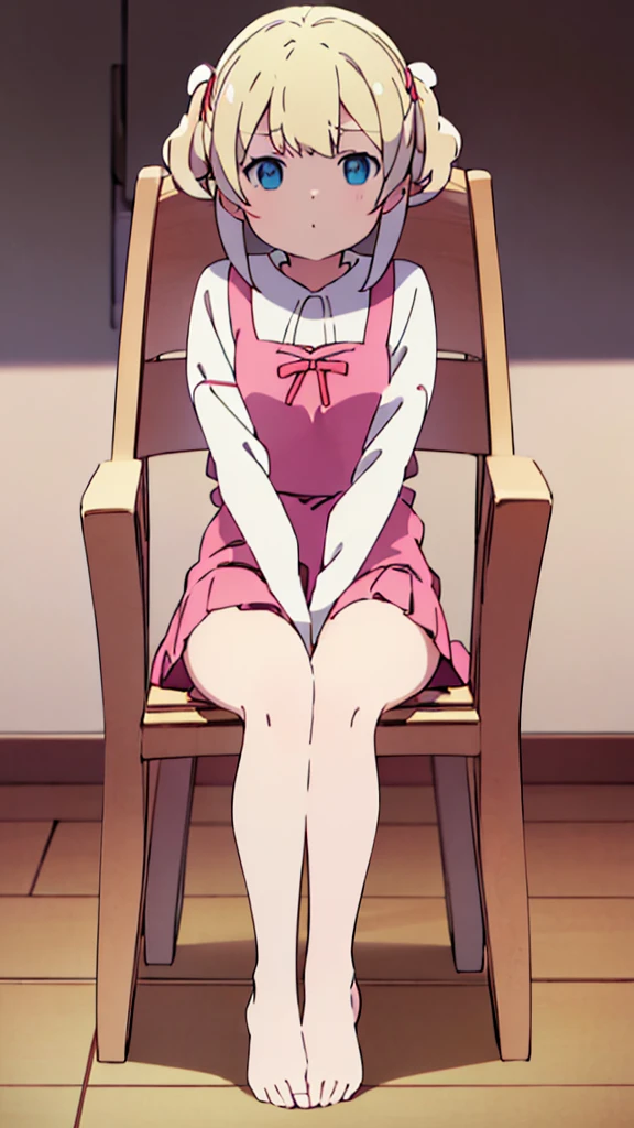 ((masterpiece))((Highest quality))Sitting in a chair、Blonde twin tails、(So that your whole body can be seen)、Directly in front、No background、(Put your feet on the ground)