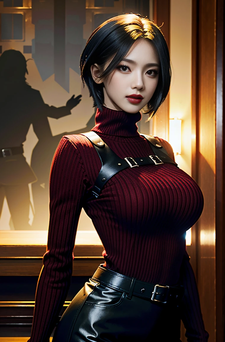 (Masterpiece, Best Quality)
AdaWongRE, 1 girl, Alone, BIG BREASTS, looking at the viewer, short hair, large breasts, black fur, gloves, Brown eyes, multicolor fur, belt, two tone hair, sweater, lips, mono, make up, lipstick, ribbed sweater, realist, Big bust