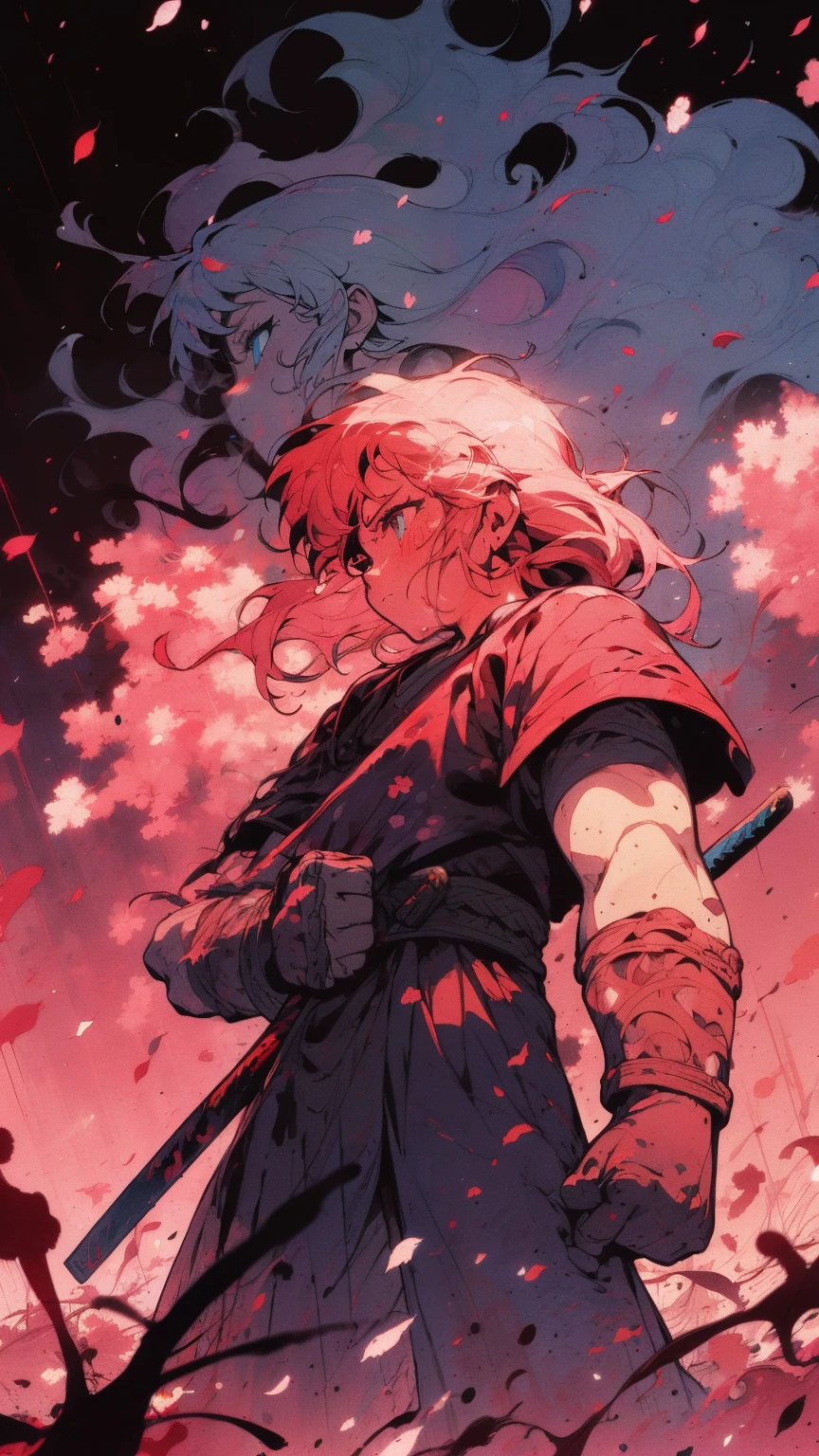 A lone teenager in a tattered , wielding a glowing katana against a horde of spectral warriors. Cherry blossoms swirl around them, casting a pink hue on the battlefield. Abstract brushstrokes depict the chaos of the fight, fantasy world, dark background, clean design, epic, artstation, colorful paint splatter, silhouette, hyper detailed intricate details, unreal engine, fantasy, splash screen, complementary colors, deviantart masterpiece, oil painting, heavy strokes, paint dripping, indifferent expression