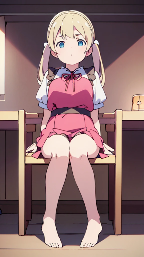 ((masterpiece))((Highest quality))Sitting in a chair、Blonde twin tails、(So that your whole body can be seen)、Directly in front、No background、(Put your feet on the ground)