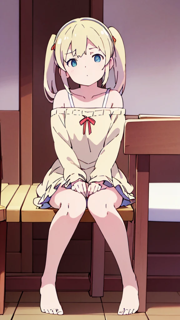 ((masterpiece))((Highest quality))Sitting in a chair、Blonde twin tails、(So that your whole body can be seen)、Directly in front、No background、(Put your feet on the ground)